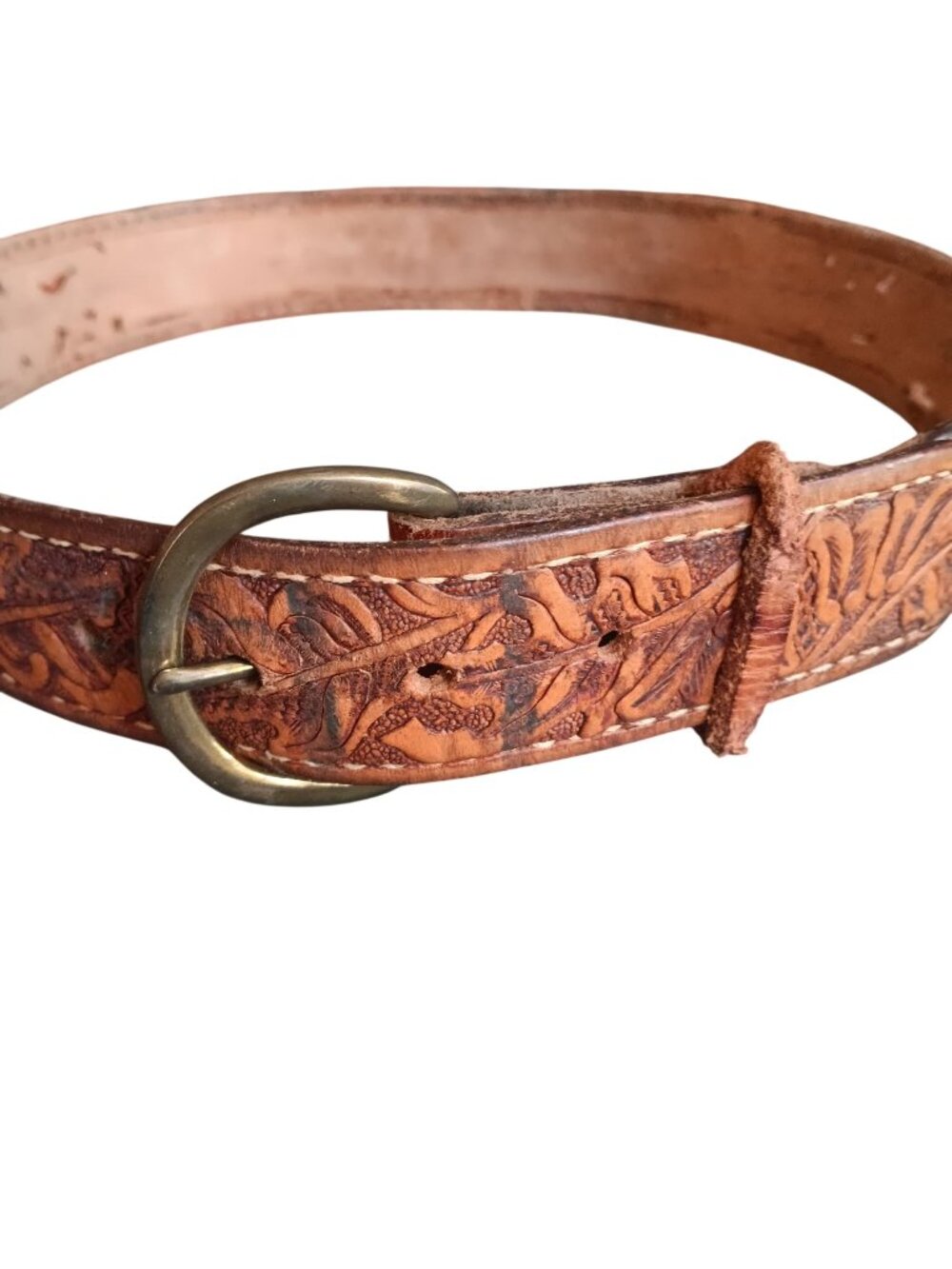 Vintage Small 30 32 Belt Leather Tooled Cowboy Hippy Brass Buckle Monogram Gary
